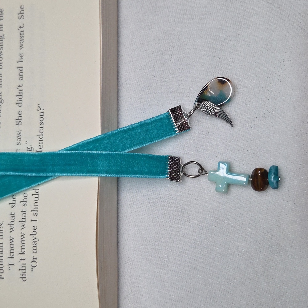 Handmade Teal Velvet Ribbon Cross Beaded Bookmark Angel Wing Charm Book Mark